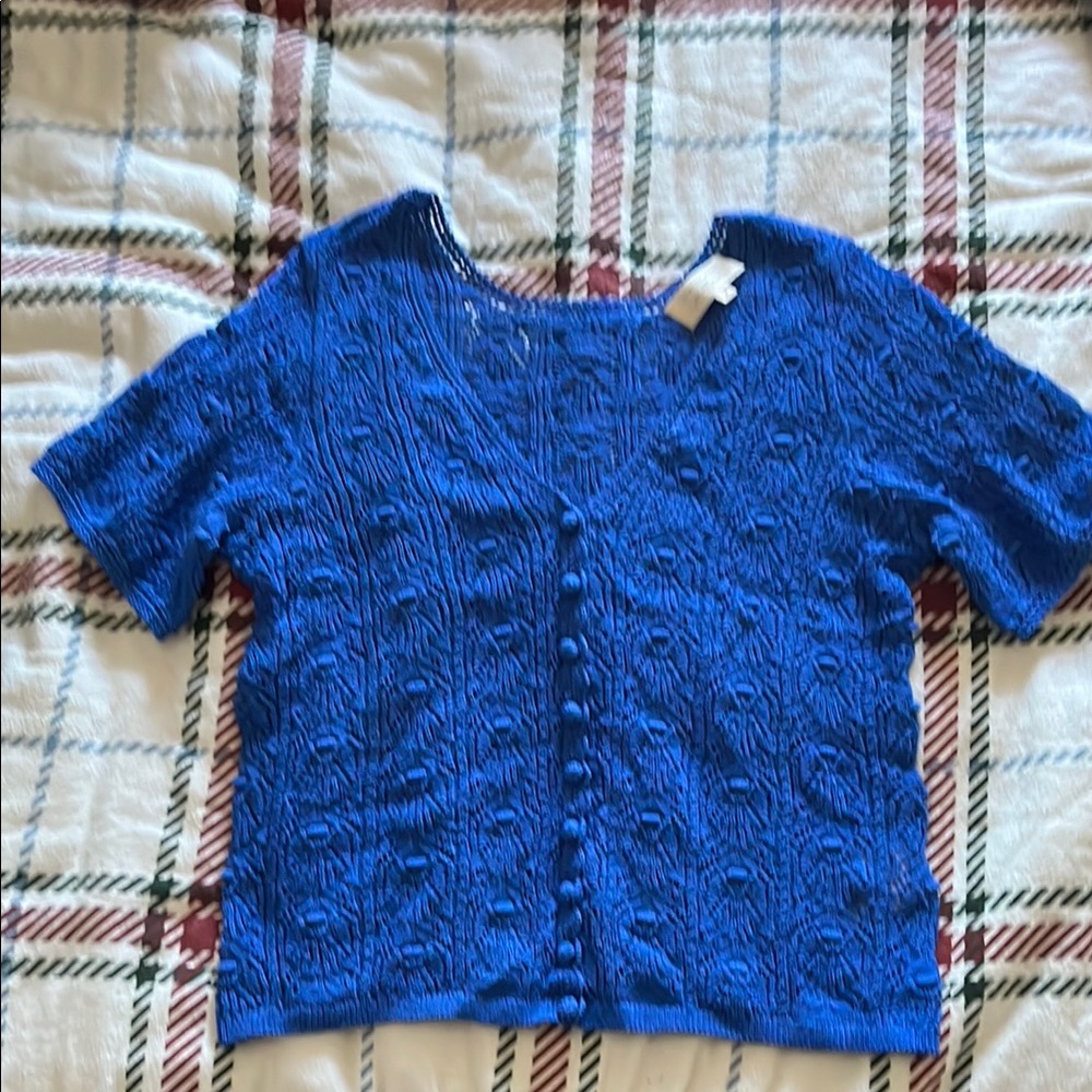 Sezane Short-Sleeve Knit Cardigan in Bright Blue